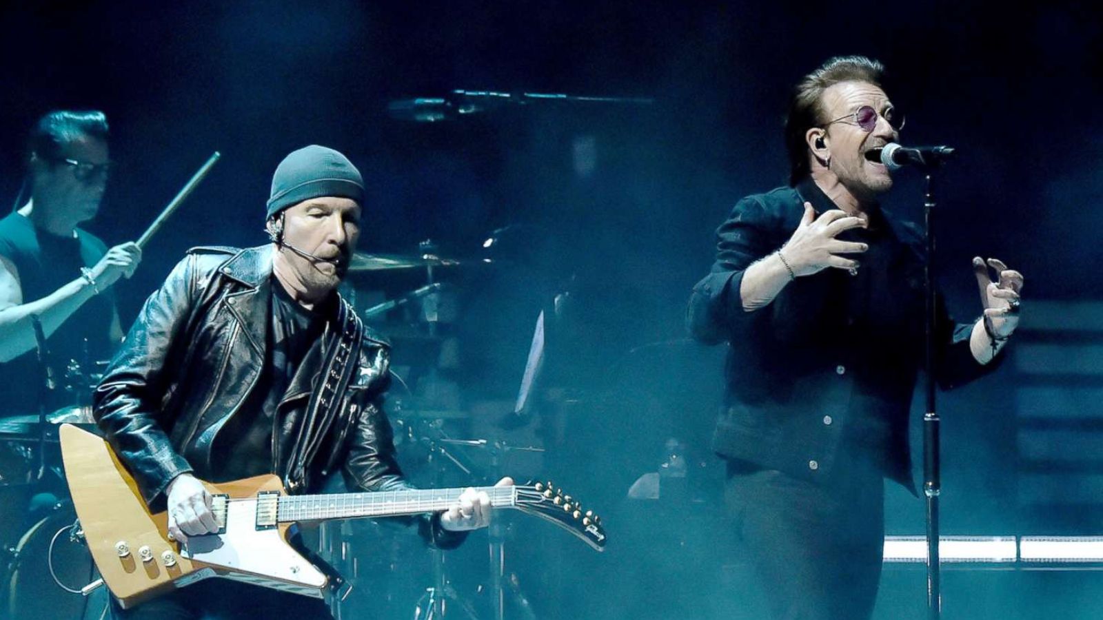 PHOTO: Larry Mullen Jr., The Edge, Bono and Adam Clayton of U2 perform on stage during theirtour at Madison Square Garden on July 1, 2018 in New York City.