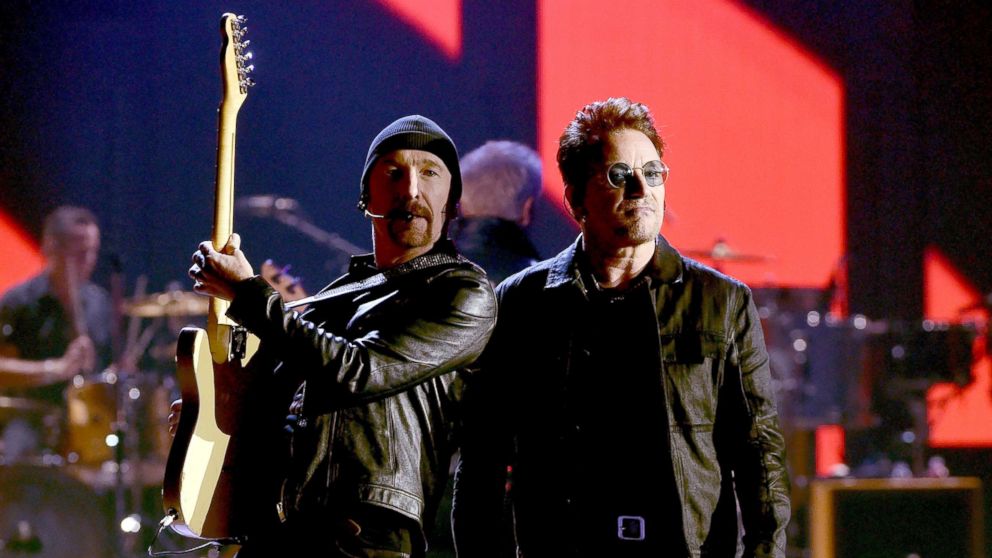 PHOTO: Recording artists The Edge, left, and Bono of U2 perform onstage at the 2016 iHeartRadio Music Festival at T-Mobile Arena, Sept. 23, 2016, in Las Vegas.