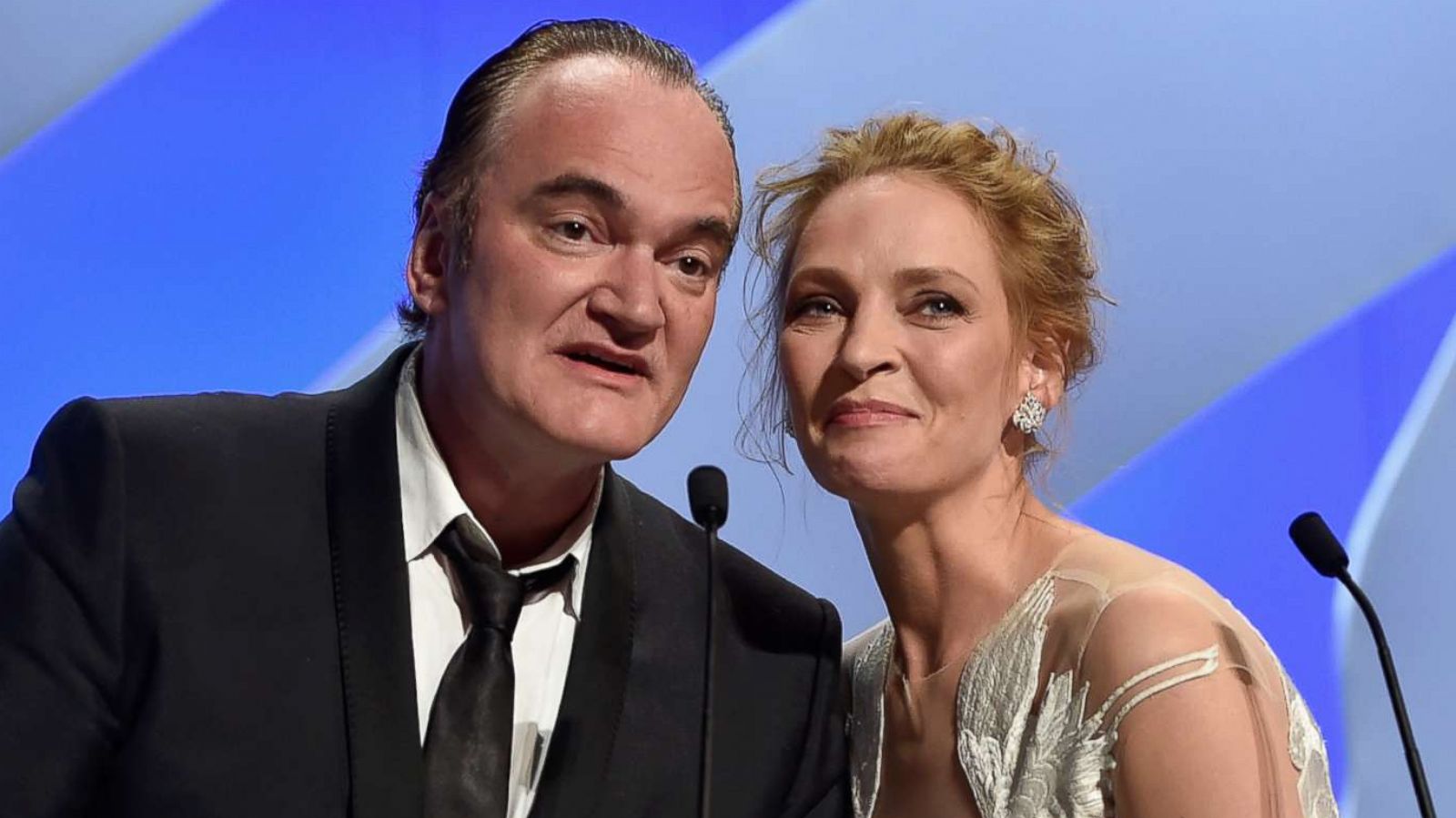 PHOTO: Director Quentin Tarantino and actress Uma Thurman appear onstage to give the Palme d'Or award during the Closing Ceremony at the 67th Annual Cannes Film Festival, May 24, 2014 in Cannes, France.