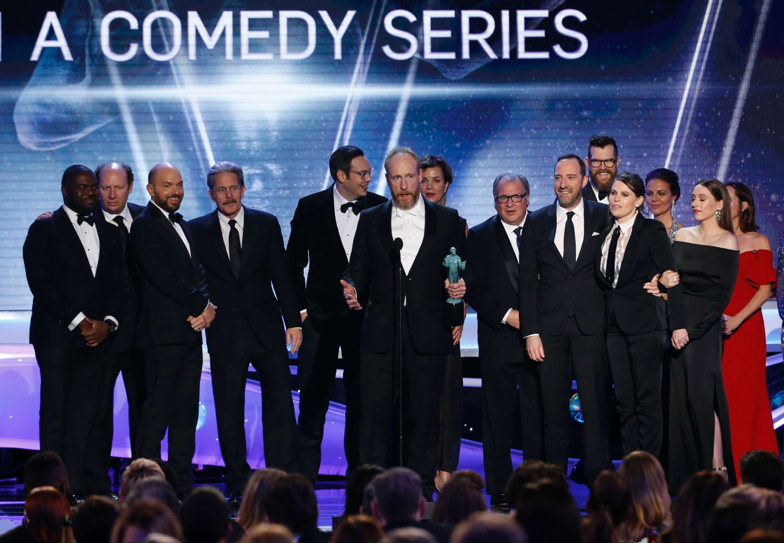 PHOTO: The cast of "Veep" celebrate after winning the award for Outstanding Performance by an Ensemble in a Comedy Series at the 24th Screen Actors Guild Awards in Los Angeles, Jan. 21, 2018.