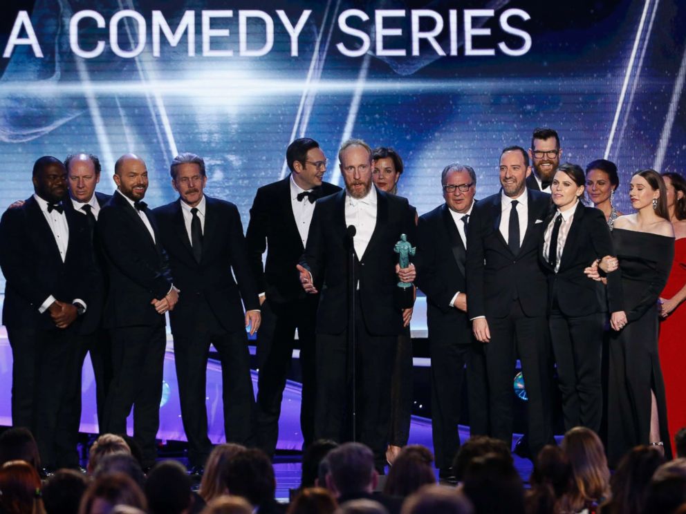 PHOTO: The cast of Veep celebrate after winning the award for Outstanding Performance by an Ensemble in a Comedy Series at the 24th Screen Actors Guild Awards in Los Angeles, Jan. 21, 2018.