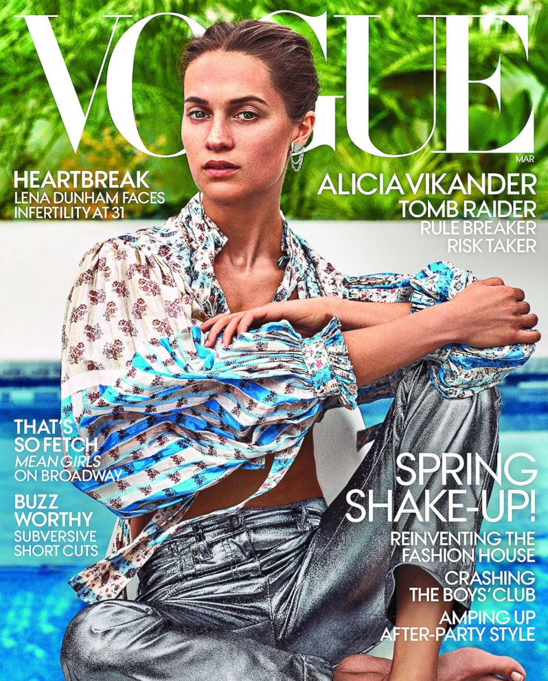 PHOTO: Alicia Vikander is pictured on the cover of the March 2018 cover of Vogue magazine.