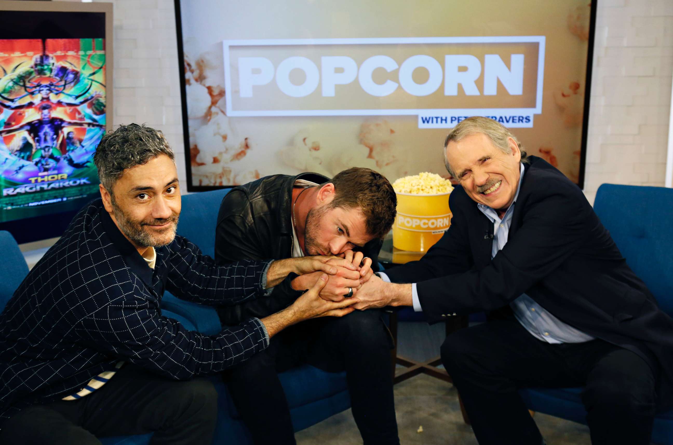 PHOTO: Director Taika Waititi and actor Chris Hemsworth appear on "Popcorn with Peter Travers" at ABC News studios, Oct. 30, 2017, in New York City.
