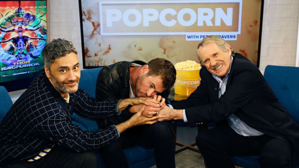 PHOTO: Director Taika Waititi and actor Chris Hemsworth appear on "Popcorn with Peter Travers" at ABC News studios, Oct. 30, 2017, in New York City.