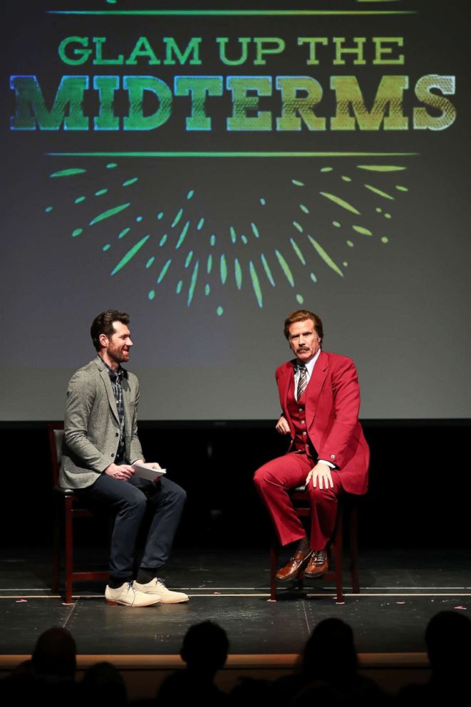 PHOTO: Billy Eichner and Ron Burgundy (Will Ferrell) "Glam Up The Midterms" at Oceanside High School Performing Arts Center, a non-partisan campaign to encourage and energize young people to vote, April 12, 2018, in Oceanside, Calif. 