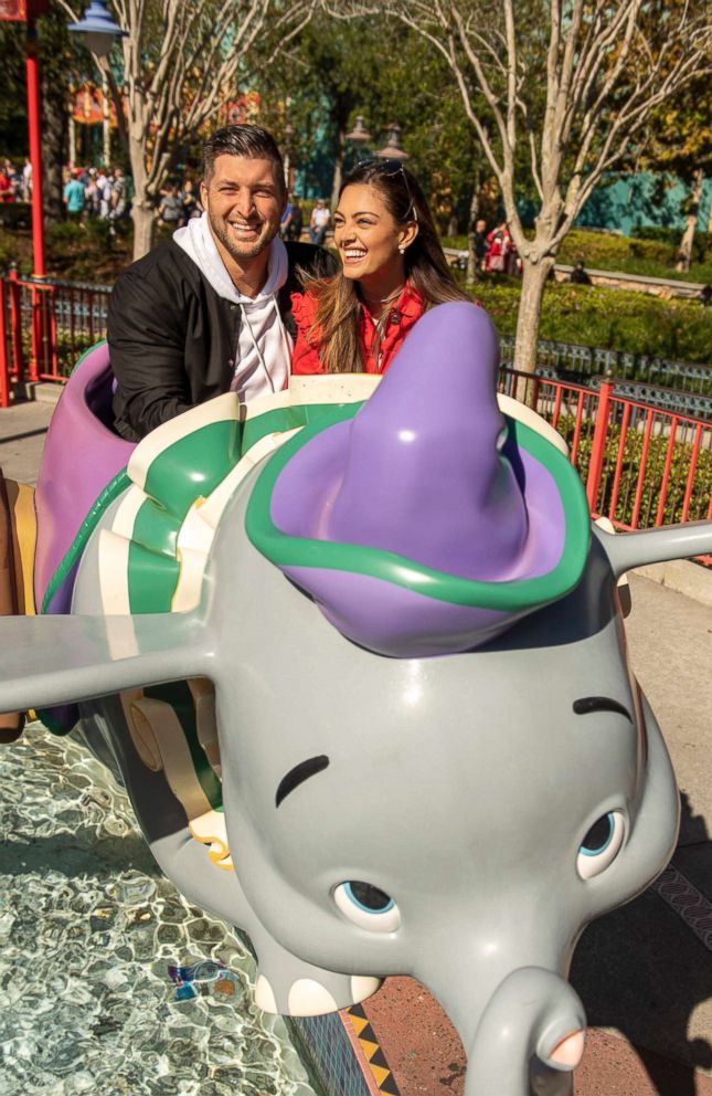 PHOTO: PHOTO: Professional athlete and sports analyst Tim Tebow and fiancee Demi-Leigh Nel-Peters strike a pose with Cinderella and Prince Charming at Magic Kingdom Park at Walt Disney World Resort in Lake Buena Vista, Fla., Friday, Jan. 11, 2019.
