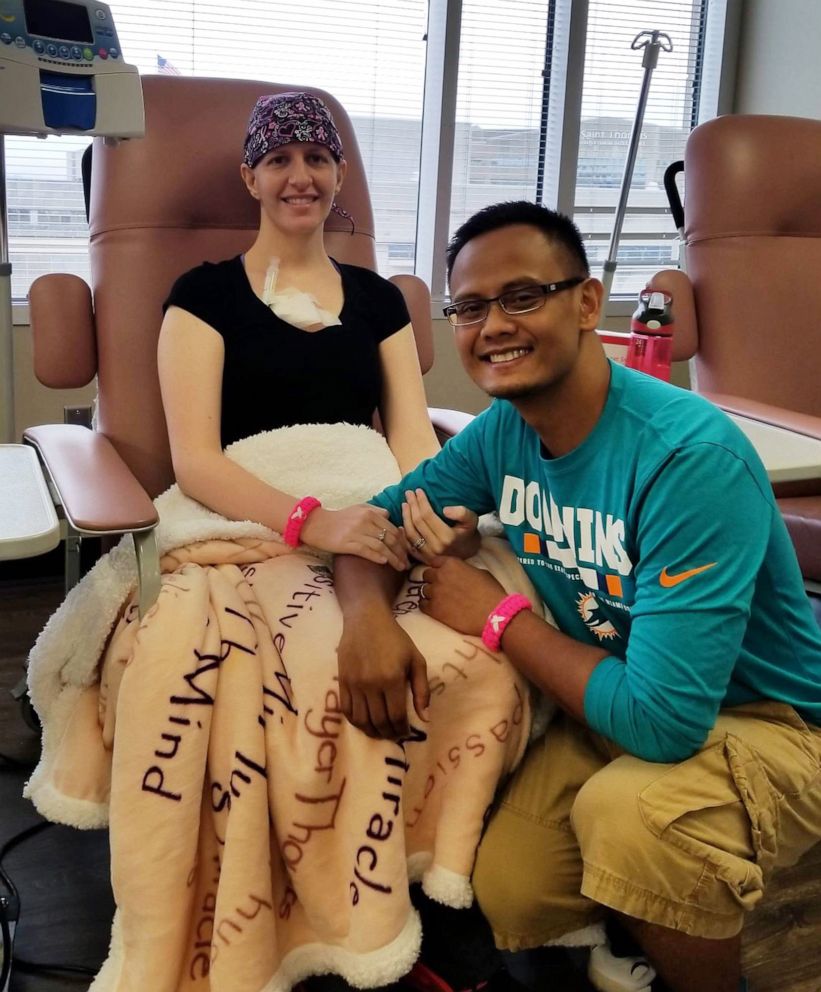 PHOTO: Jessica Baladad, 36, and her husband Neil Baladad at her third chemotherapy treatment.
