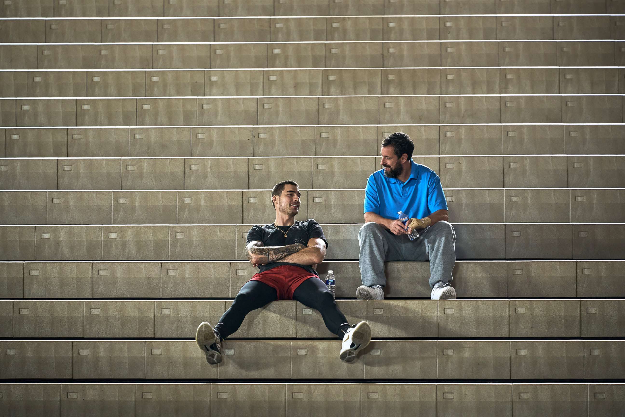 PHOTO: Juancho Hernangomez as Bo Cruz and Adam Sandler as Stanley Sugerman are pictured in a scene from "Hustle," airing on Netflix in June, 2022.