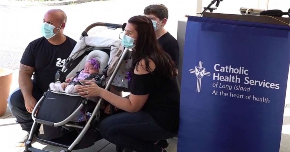 PHOTO: Parents Andrew and Maria Petti pose outside St. Joseph's Hospital in Bethpage, New York, where their daughter Mikayla Petti's life was saved. Mikayla was born at 24 weeks weighing 1 pound, 9 ounces on Feb. 15, 2020.