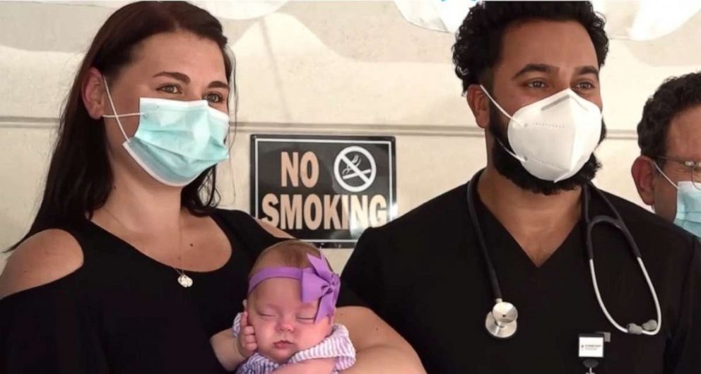 PHOTO: Dr. John Mathew, director of emergency medicine and associate chief medical officer for progressive emergency physicians at St. Joseph's Hospital, poses with mom Maria Petti of Farmingdale, New York, and her daughter, Mikayla Petti.