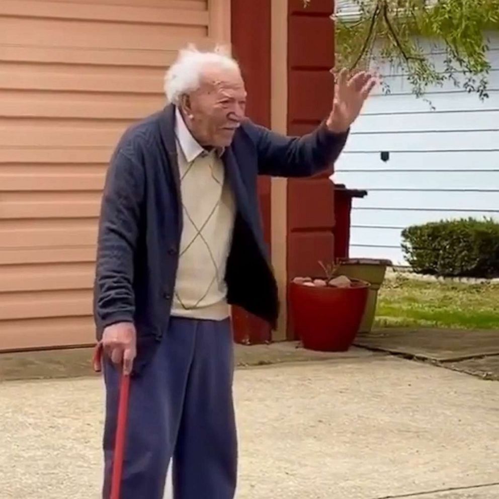 PHOTO: Peter Zagara, lovingly known as "Pop," was greeted by friends and family outside his Toms River, New Jersey, home on April 12. The centenarian's actual birth date is April 13.