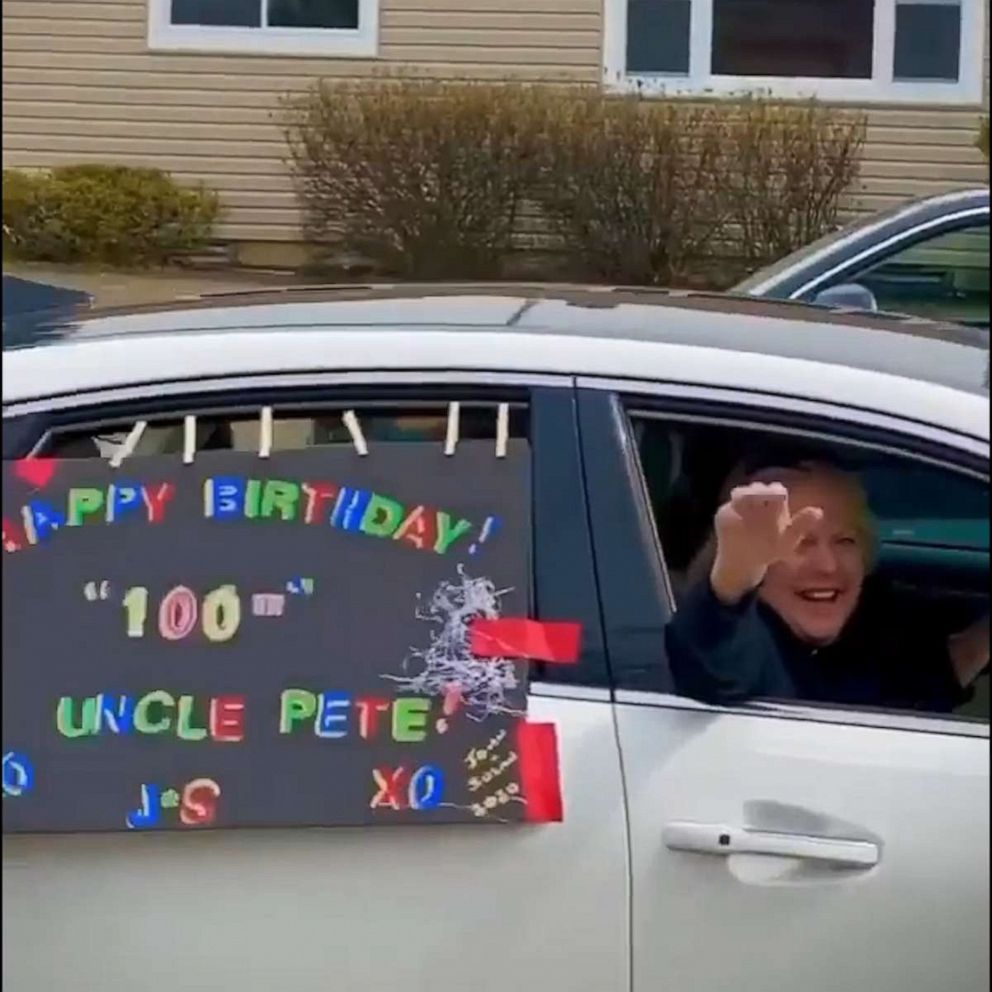 PHOTO: Peter Zagara, lovingly known as "Pop," was greeted by friends and family outside his Toms River, New Jersey, home on April 12. The centenarian's actual birth date is April 13.