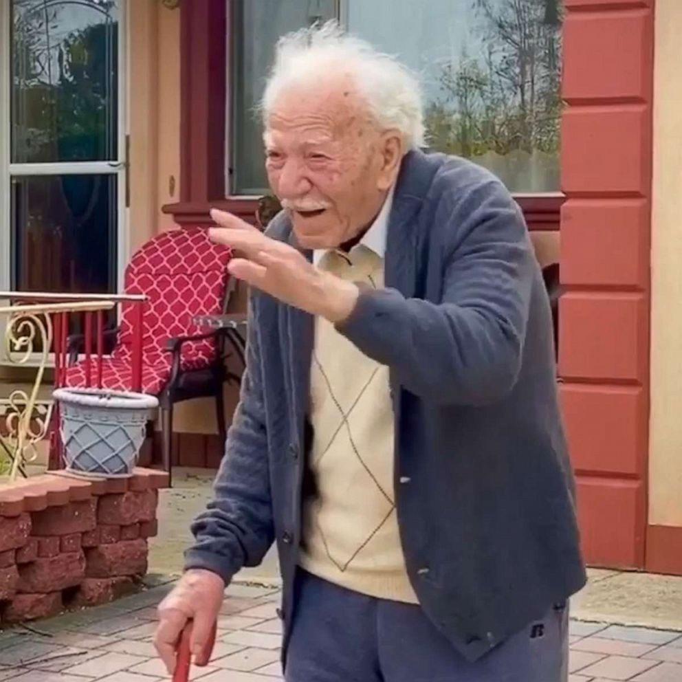 PHOTO: Peter Zagara, lovingly known as "Pop," was greeted by friends and family outside his Toms River, New Jersey, home on April 12. The centenarian's actual birth date is April 13.