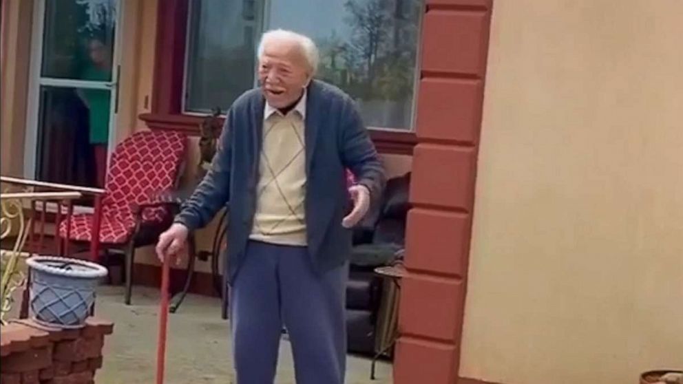 PHOTO: Peter Zagara, lovingly known as "Pop," was greeted by friends and family outside his Toms River, New Jersey, home on April 12. The centenarian's actual birth date is April 13.