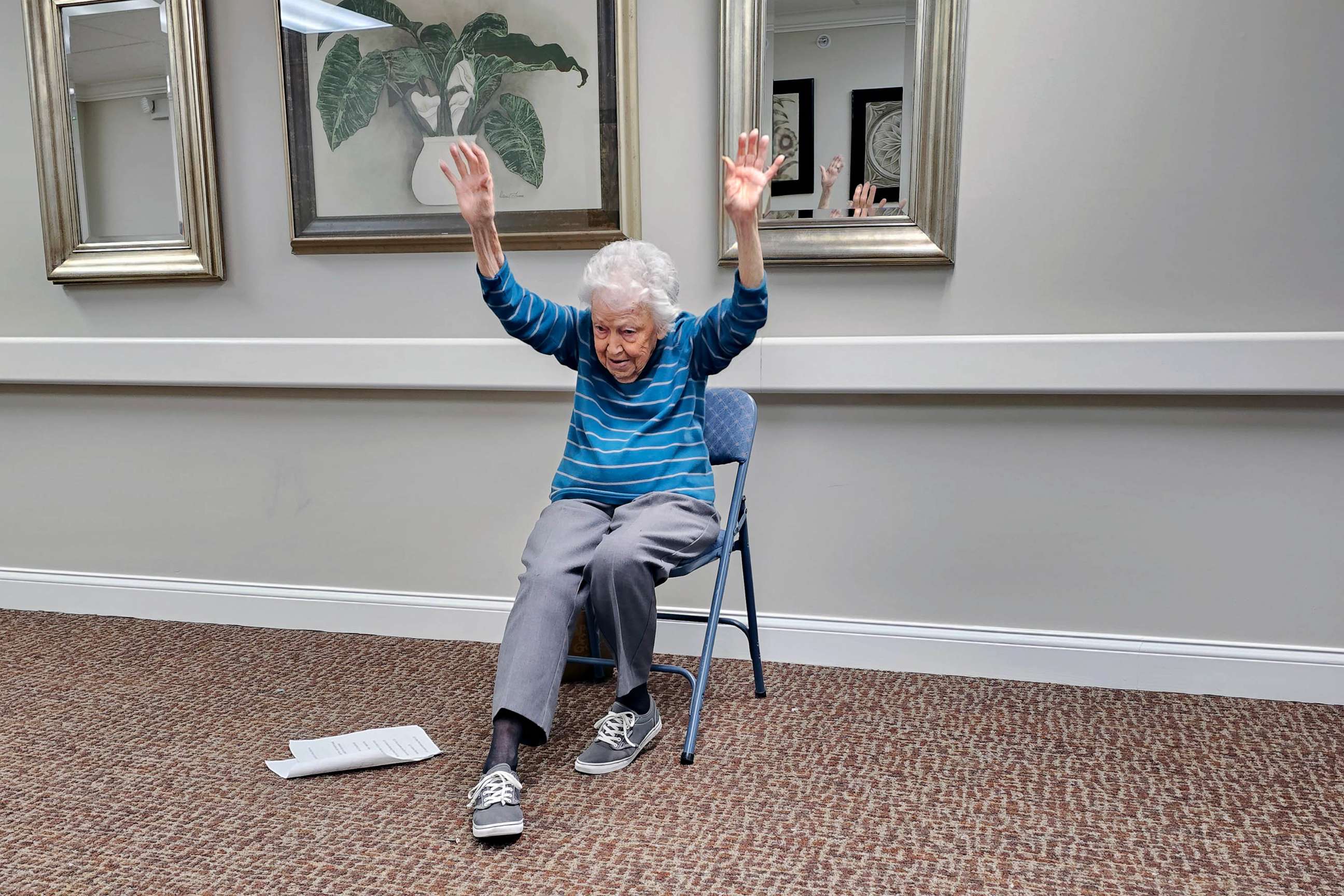 PHOTO: Jean Bailey, 102, has been leading fitness sessions at Elk Ridge Village Senior Living in Omaha, Nebraska for years.