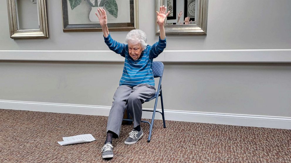 PHOTO: Jean Bailey, 102, has been leading fitness sessions at Elk Ridge Village Senior Living in Omaha, Nebraska for years.