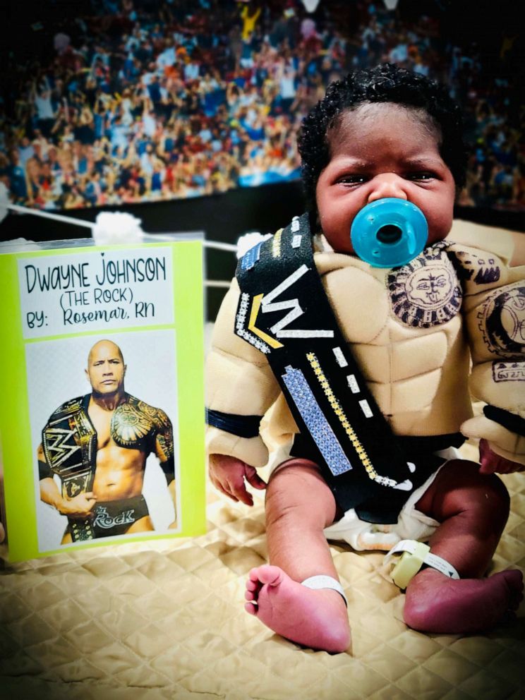 PHOTO: Newborns at HCA Healthcare’s Summerville Medical Center dressed as their favorite public figures like The Rock. 