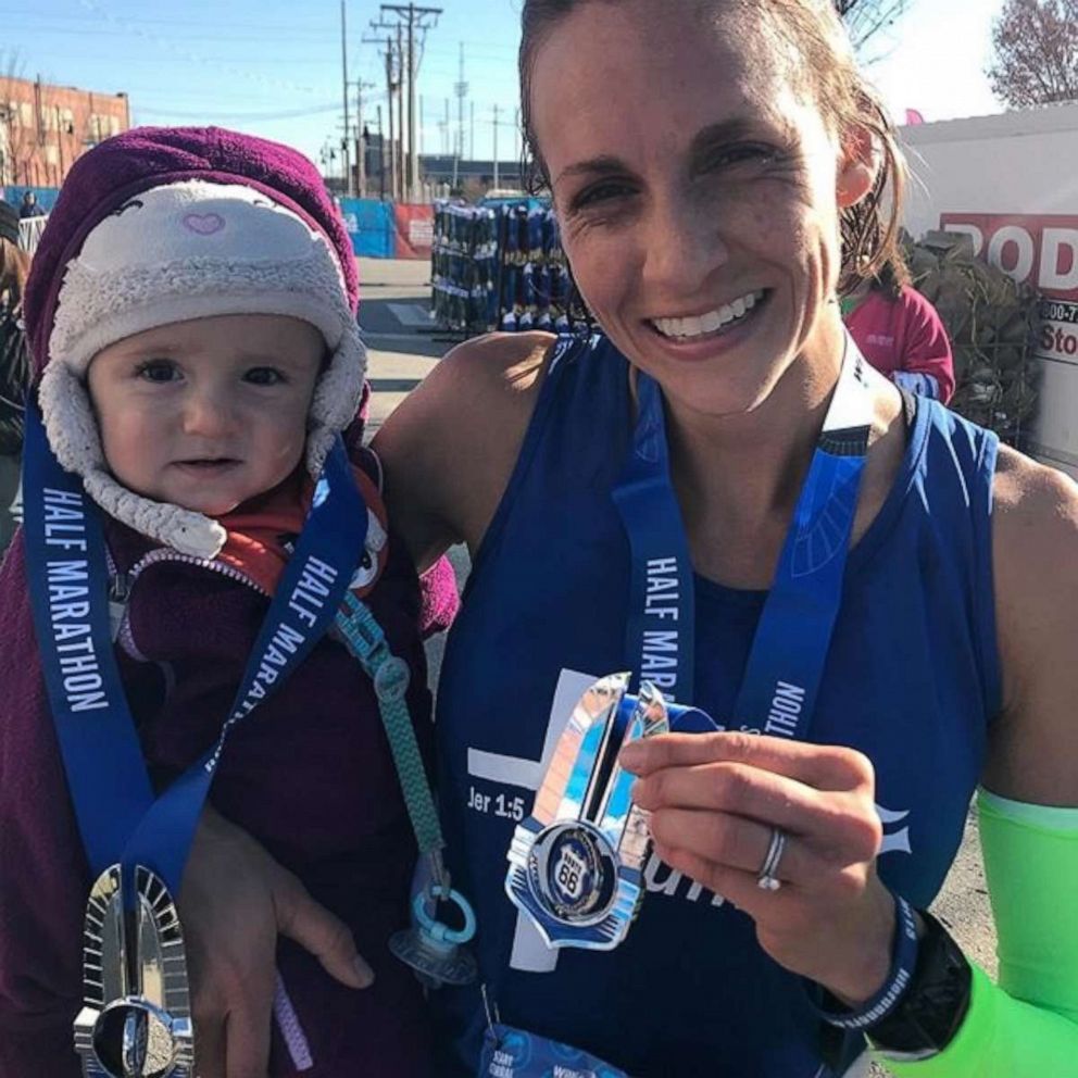 PHOTO: Julia Webb won the female division of the 2019 Route 66 Half-Marathon while pushing her 10-month-old daughter Gabby in a stroller.