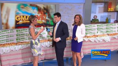 VIDEO: Amy Robach, Ginger Zee and Gio Benitez celebrate Blimpie's 50th anniversary with a 50 foot sub.