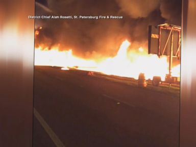 VIDEO: The tanker truck collided with a utility truck, causing a fuel leak and fire in St. Petersburg, Florida.