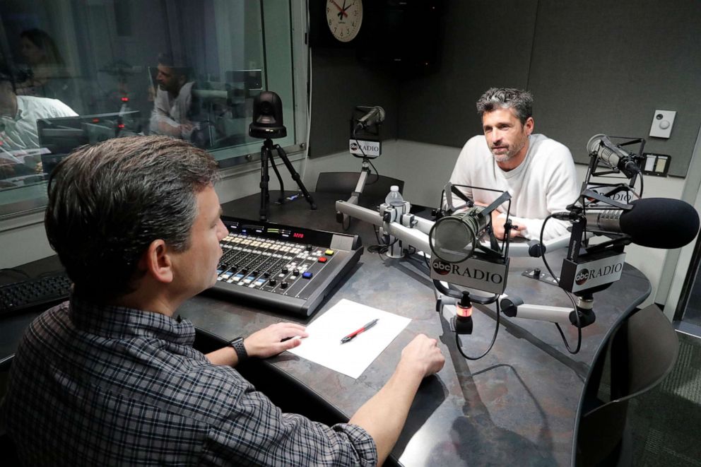 PHOTO: ABC Radio - 7/10/19 - Dan Harris interviews Patrick Dempsey for the podcast "10% Happier with Dan Harris."
(Walt Disney Television/Lou Rocco) 
DAN HARRIS, PATRICK DEMPSEY
