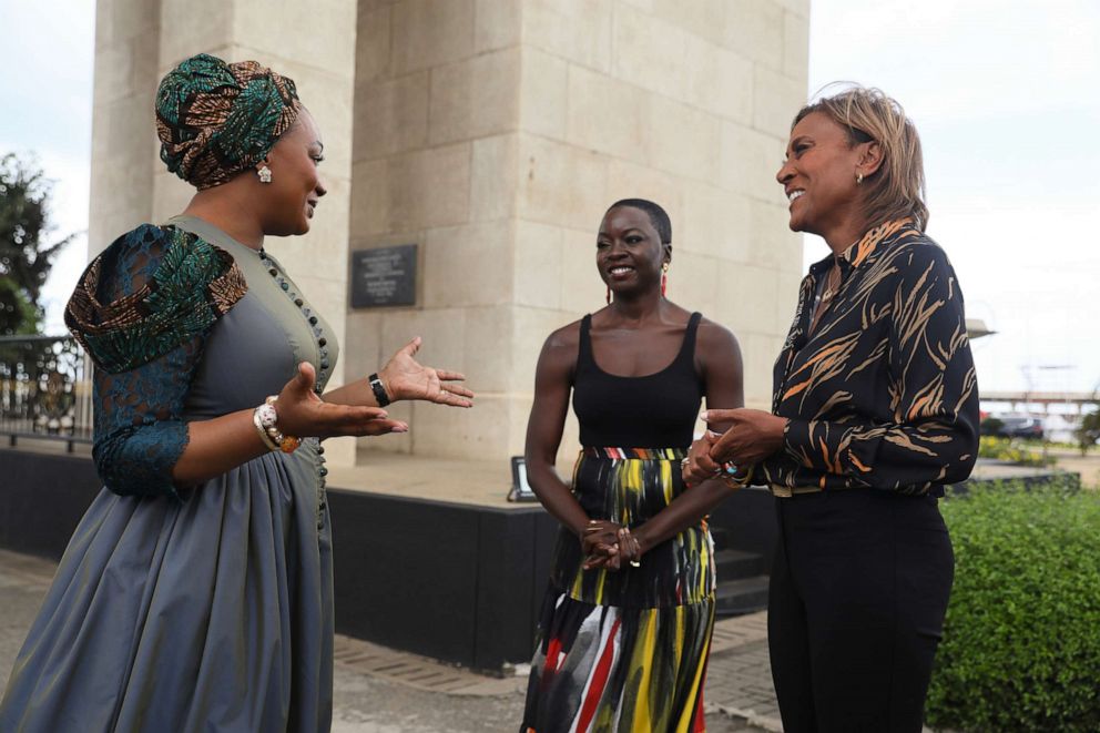 PHOTO: Robin Roberts (right) reacts to meeting Samira Bawumia (left), Second Lady of Ghana and Danai Gurira (middle) at the Black Star Square on Tuesday, Sept. 27, 2022 in Accra, Ghana. (Nipah Dennis AP Images for Good Morning America)