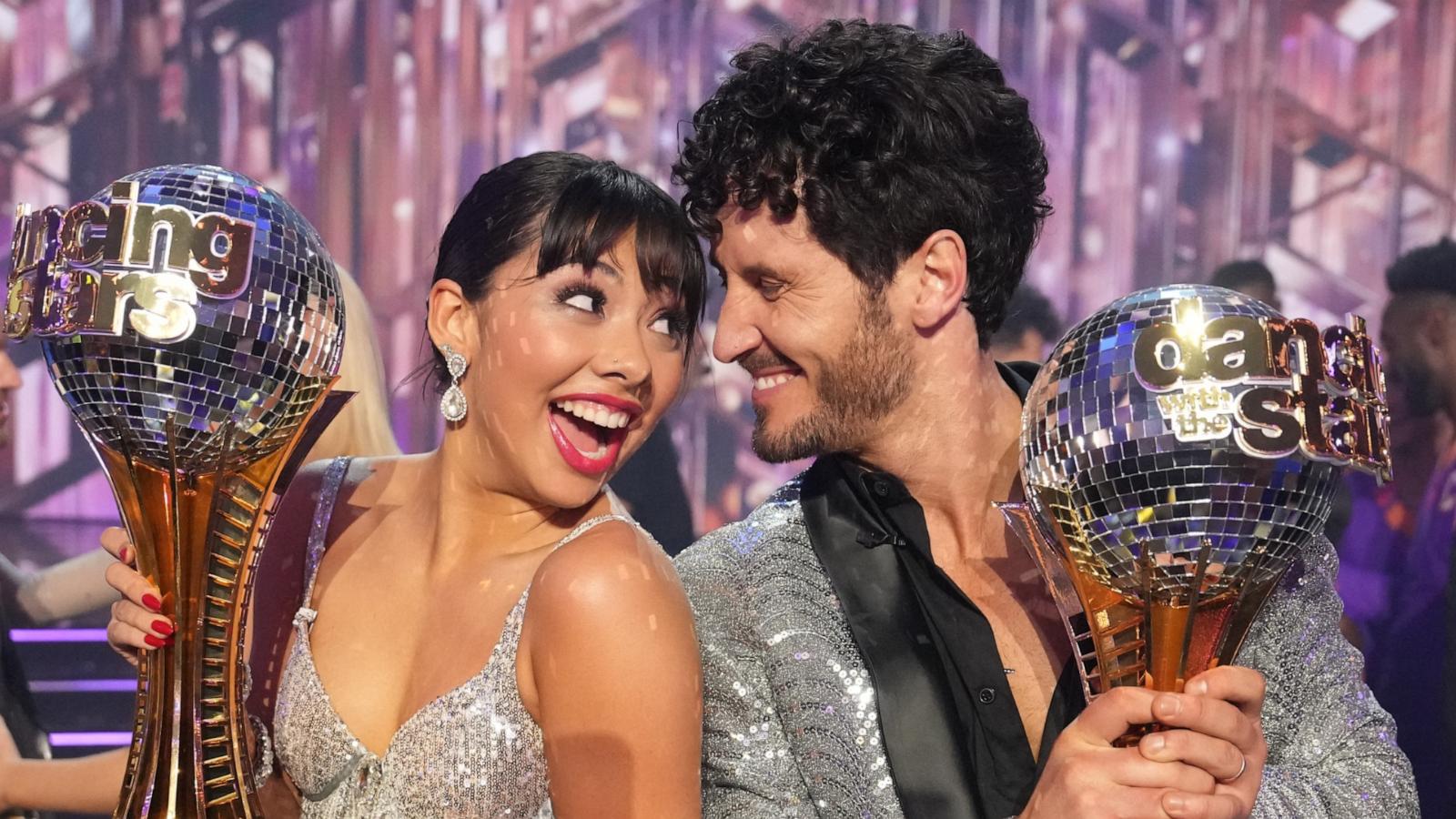 Xochitl Gomez and Val Chmerkovskiy with their Len Goodman Mirrorball trophies for winning Season 32. (Disney/Eric McCandless)