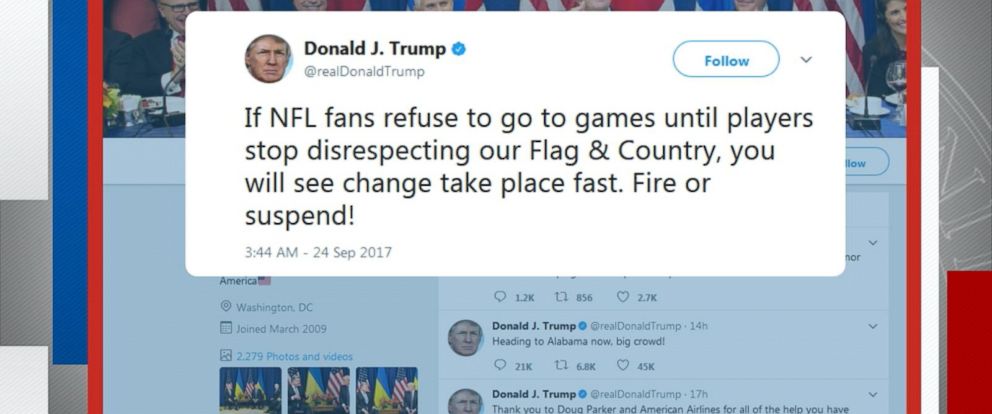 Trump says 'No thanks' as he tweets picture of NFL players taking