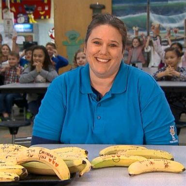 VIDEO: Cafeteria worker pens inspirational notes on bananas for her students