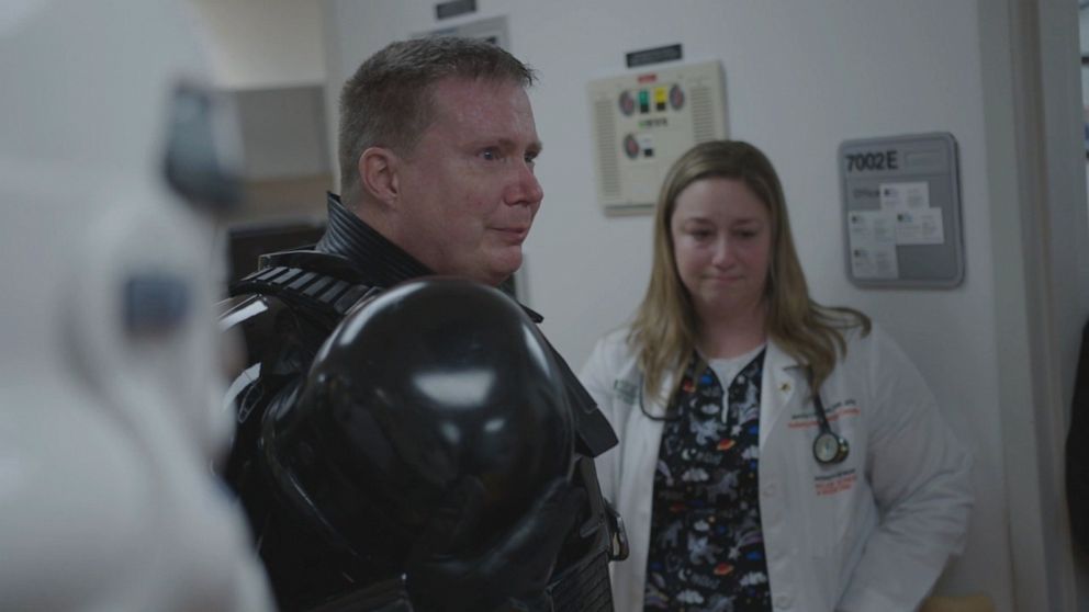 Andrew McClary visited Joe DiMaggio Children's Hospital in a Star Wars costume to bring joy to patients and raise awareness about joining the bone marrow registry.