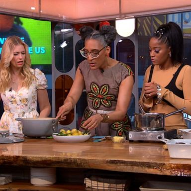 VIDEO: Carla Hall cooks soul food with Keke Palmer and Beth Behrs