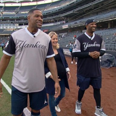 VIDEO: Michael Strahan coaches kids for charity softball game at Yankee Stadium 