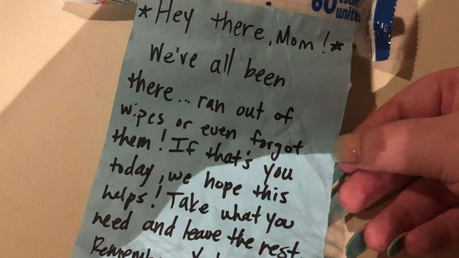 PHOTO: A package of baby wipes and a sweet note were found in a Chili's restroom.