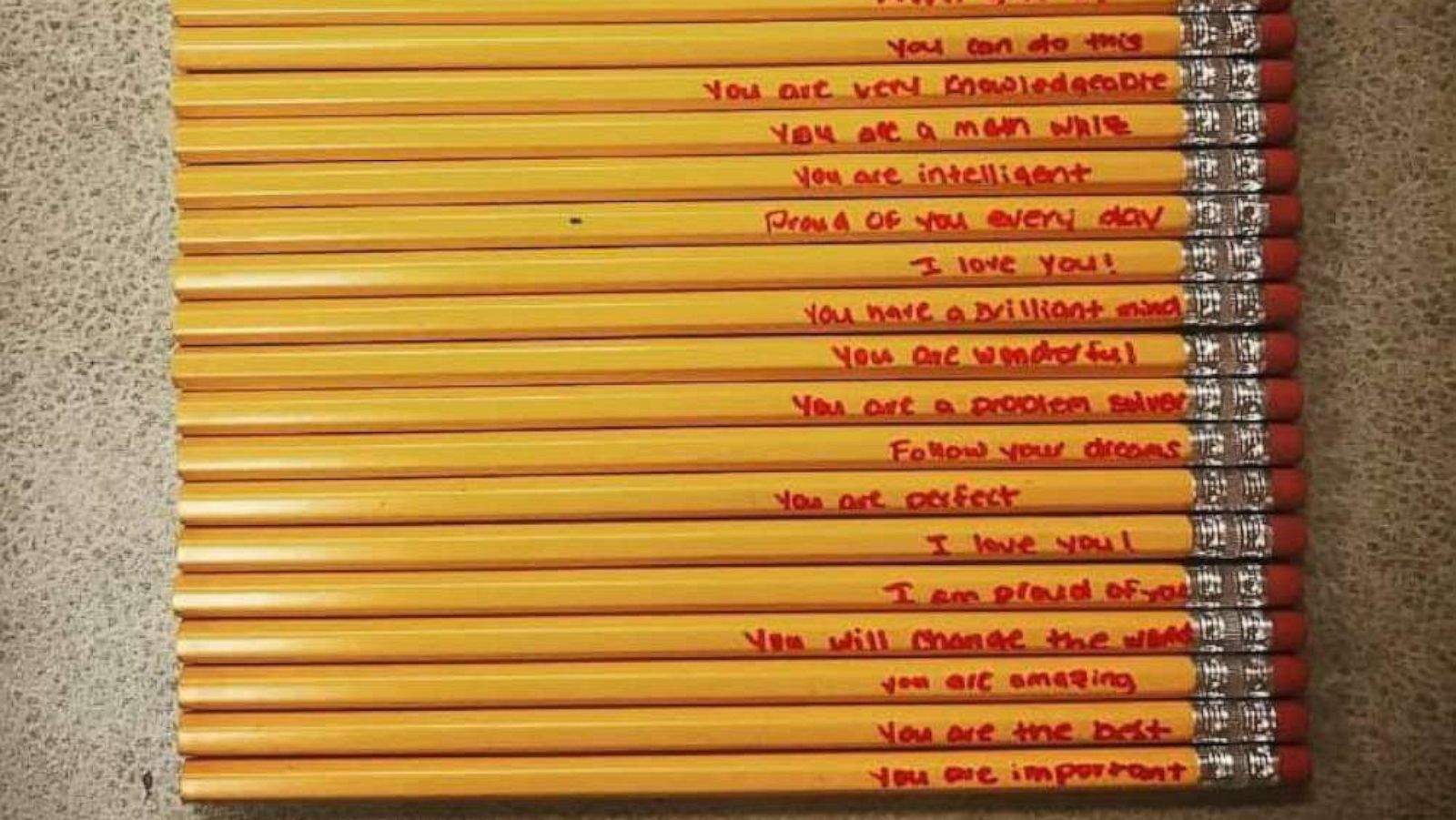 PHOTO: Teacher Amanda Cox shared this photo of pencils one of her students got from his mom.
