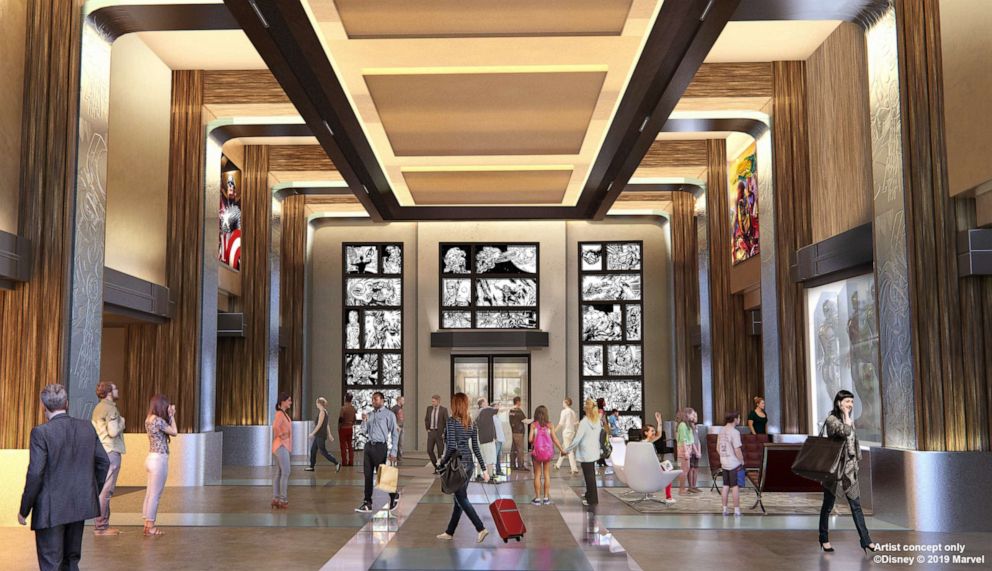 PHOTO: An artist rendering of the lobby at the new Marvel hotel coming to Disneyland Paris. 