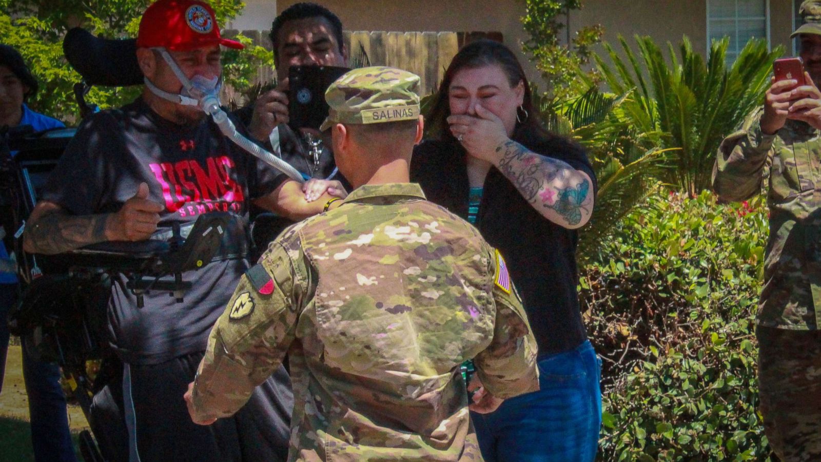 PHOTO: Retired Fresno police officer Jesus Salinas and his wife Sara received a surprise homecoming from his military son Jordan, who was deployed in Iraq.