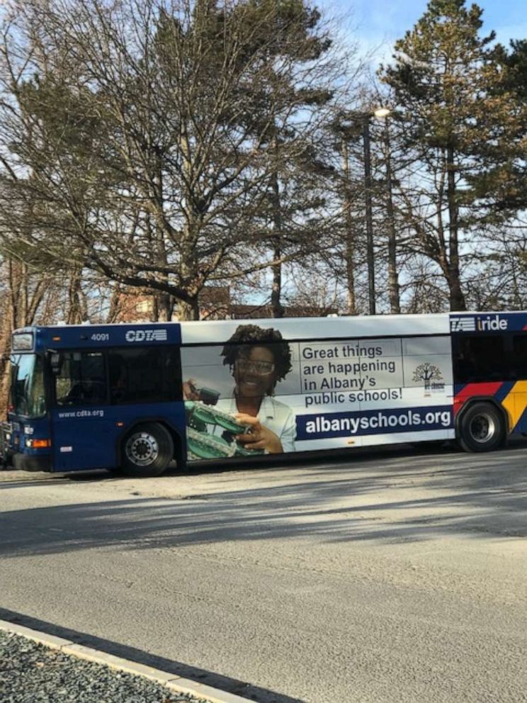 PHOTO: For the 2018-19 school year, Albany High School in Albany, New York, recognized Onovu Otitigbe-Dangerfield, 17, as one of the exceptional students the district features in the calendar. The photo also appeared on the side of a city bus.