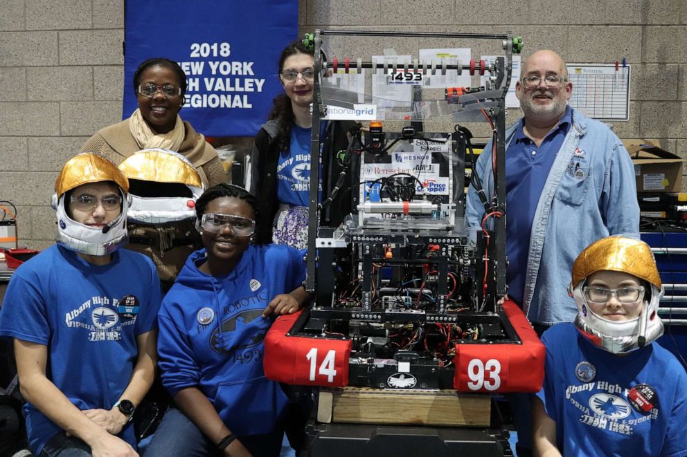 PHOTO: Onovu Otitigbe-Dangerfield, 17, is pictured with Albany High School teammates, coaches and City School District of Albany Superintendent Kaweeda G. Adams at the FIRST Robotics New York Tech Valley Regional competition in New York, in 2019.
