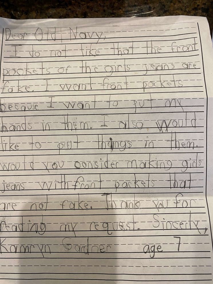 PHOTO: Kamryn Gardner, 7, of Bentonville, Arkansas, received jeans with pockets after writing a letter to the team at Old Navy. She wrote the letter after participating in a persuasive writing unit in school.