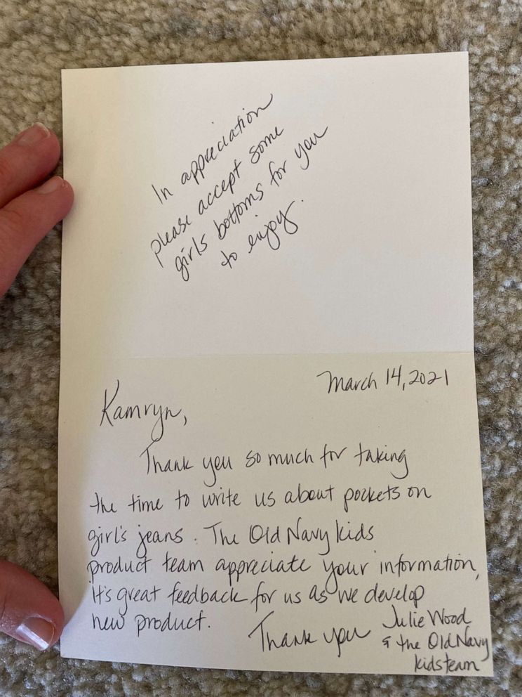 PHOTO: Kamryn Gardner, 7, of Bentonville, Arkansas, received jeans with pockets after writing a letter to the team at Old Navy. She also received a reply letter from the brand's product team.