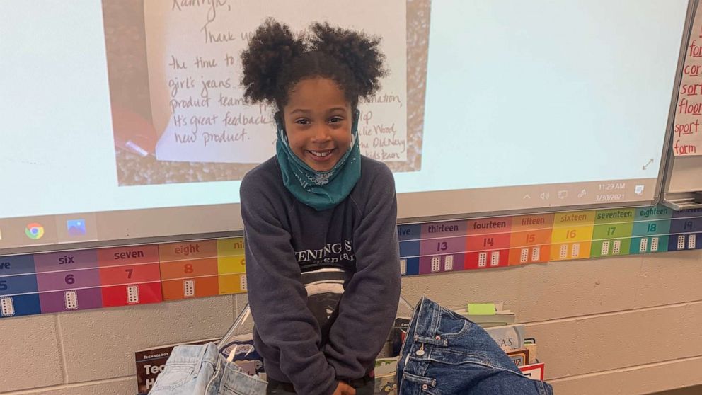 PHOTO: Kamryn Gardner, 7, of Bentonville, Arkansas, received jeans with pockets after writing a letter to the team at Old Navy.