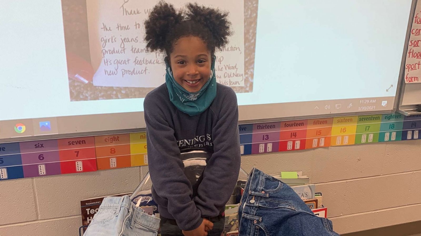 PHOTO: Kamryn Gardner, 7, of Bentonville, Arkansas, received jeans with pockets after writing a letter to the team at Old Navy.