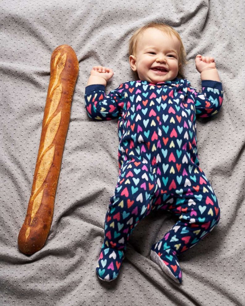 PHOTO: Michaela Claire Meter at one-year-old with one baguette.   