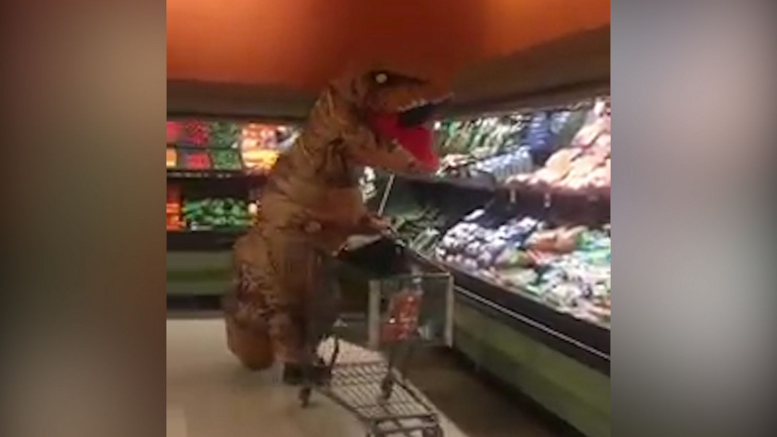 VIDEO: Grocery shopper dresses as T. rex in a unique way to social distance