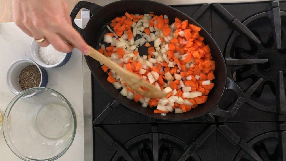 PHOTO: Filling for shepherd's pie being sautéed in a cast iron pan.