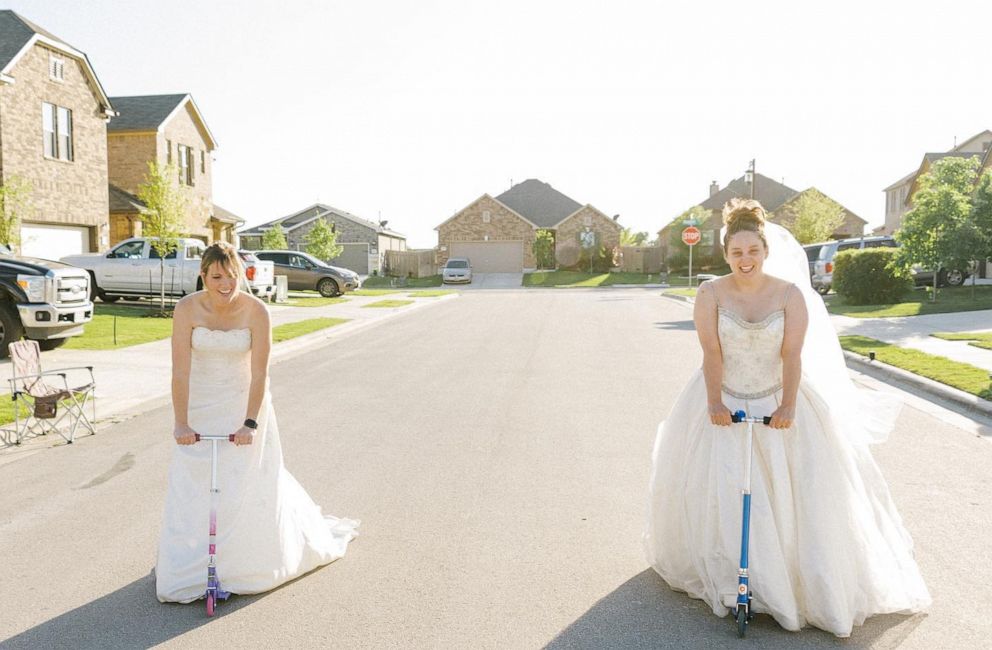 PHOTO: These six neighbors were took part in “wedding dress Wednesday” to pass the time amid the coronavirus outbreak.