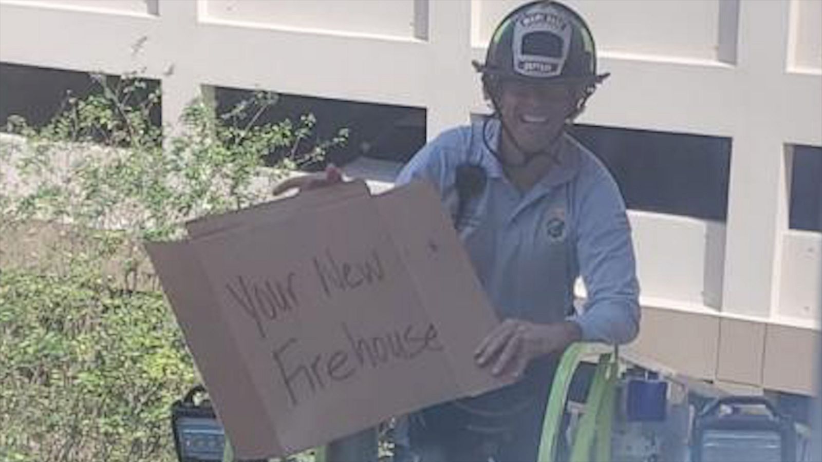 VIDEO: Fire crew visits fellow firefighter in the hospital using fire truck ladder