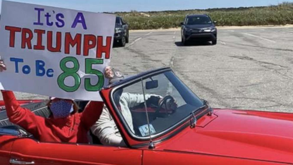 PHOTO: Strangers in antique cars drove from all over Cape Cod to wish Gerald Broadbridge a happy 85th birthday. Many cars even made custom signs.