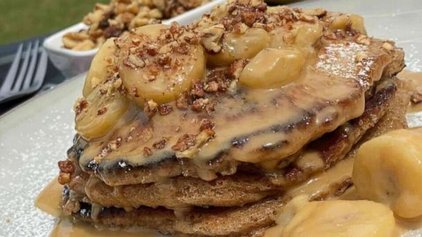 Make chef David Rose’s banana nut pancakes with bourbon banana caramel ...