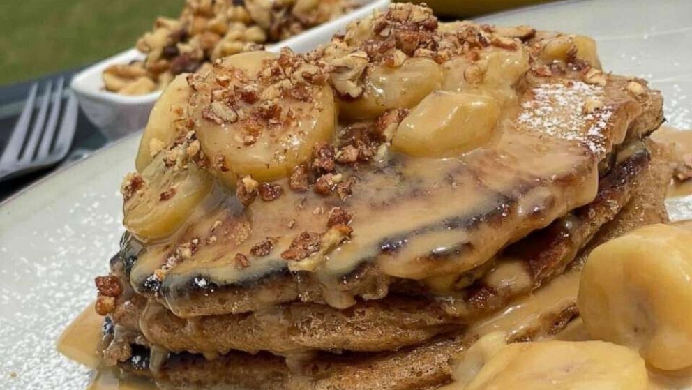 PHOTO: Chef David Rose's banana nut pancakes with bourbon banana caramel sauce.